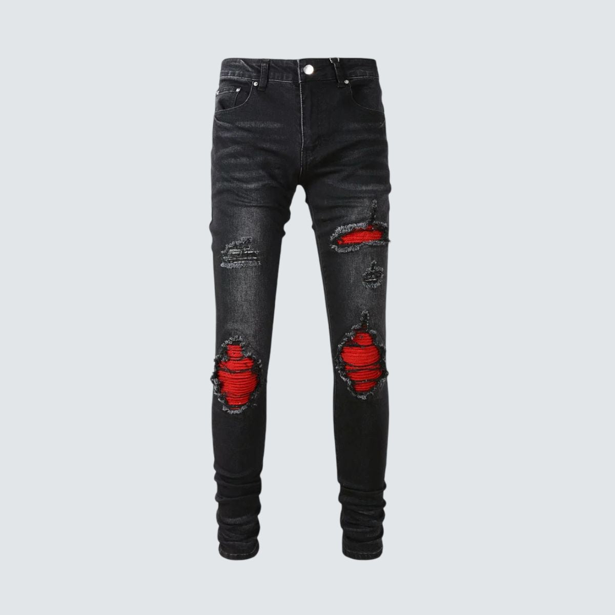 Slim Fit Jeans Preto Lavado Com Vermelho