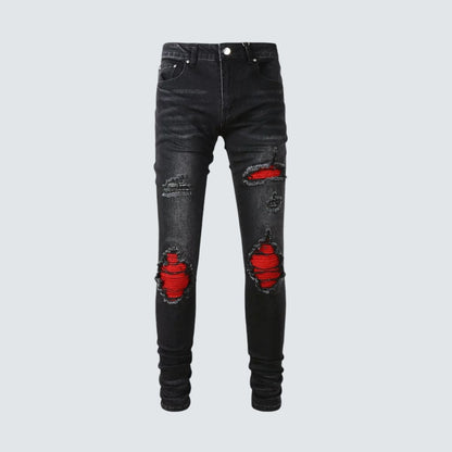 Slim Fit Jeans Preto Lavado Com Vermelho