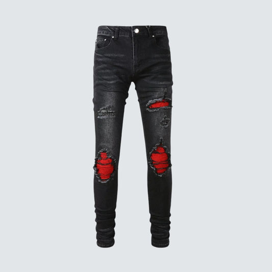 Slim Fit Jeans Preto Lavado Com Vermelho