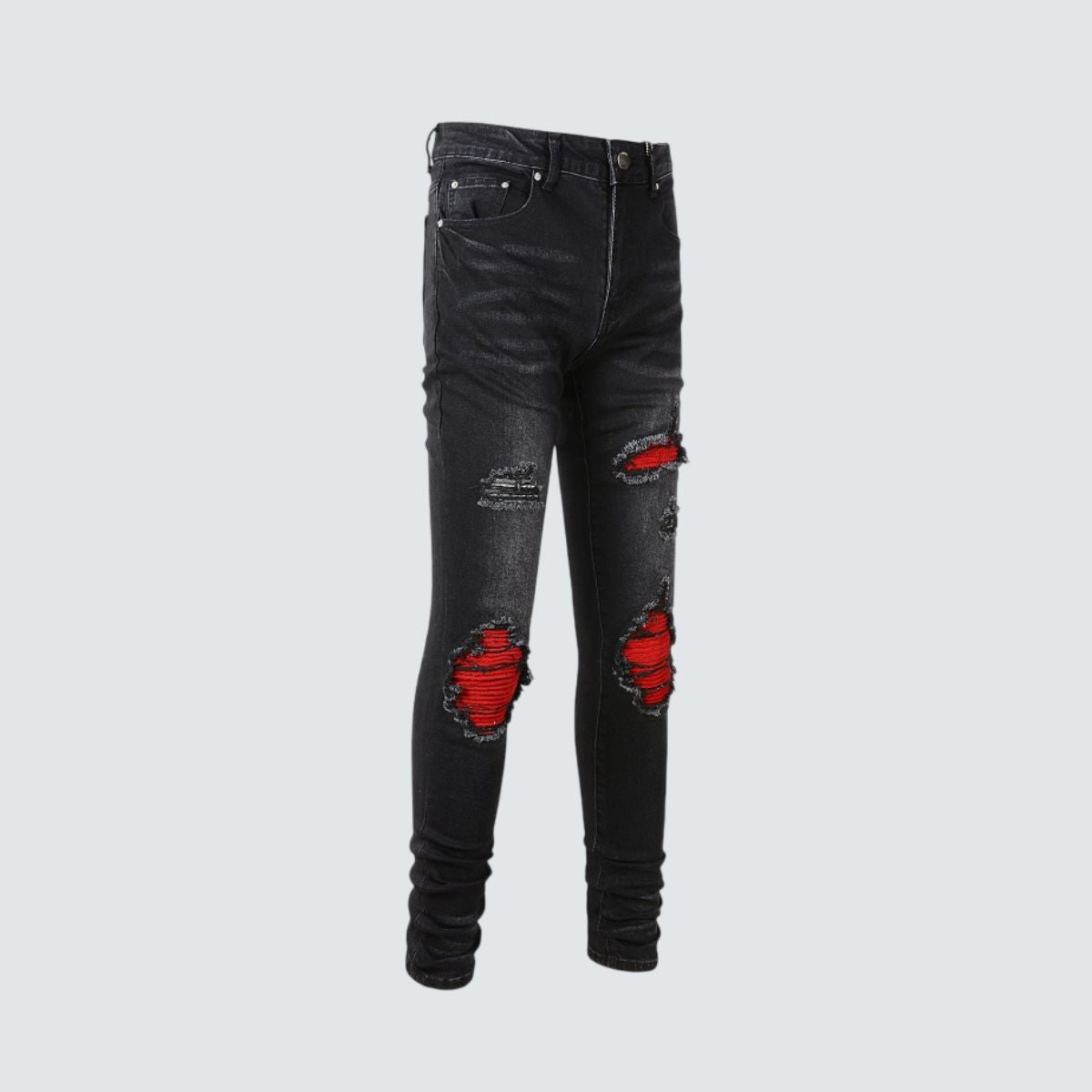 Slim Fit Jeans Preto Lavado Com Vermelho