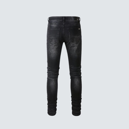 Slim Fit Jeans Preto Lavado Com Vermelho